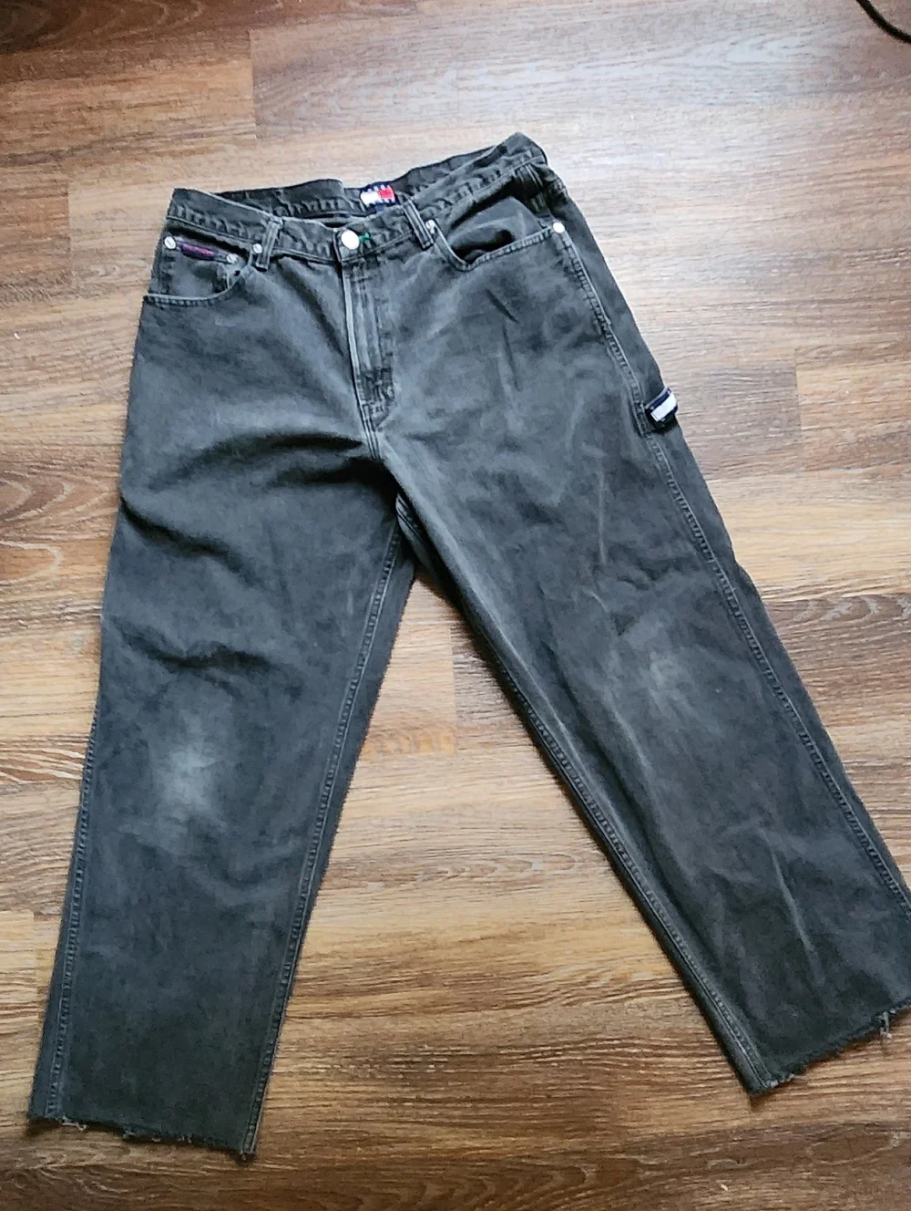 VTG Y2K TOMMY HILFIGER Baggy Wide Leg Carpenter Black Jeans Raw Hem Sz W36x32